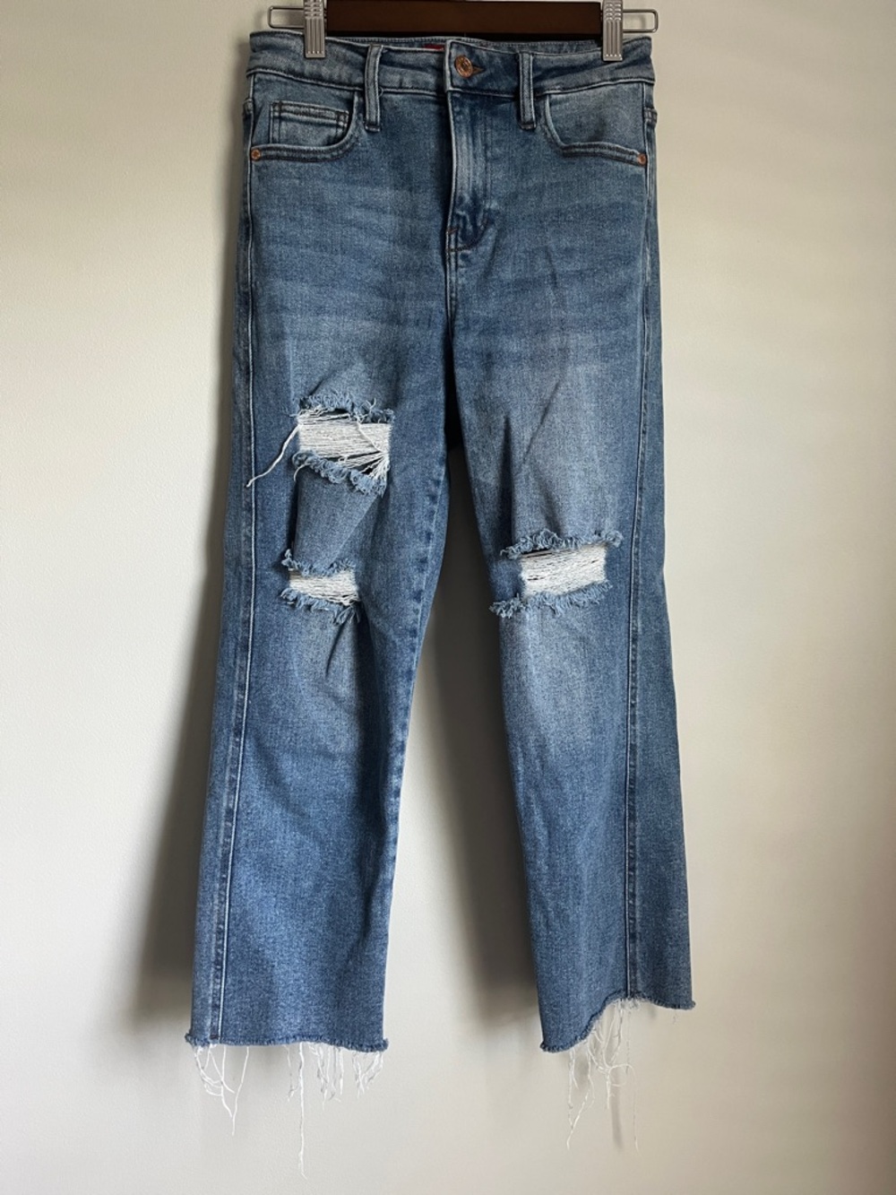 GUESS Women’s Blue Mid Rise Distress Raw Fray Hem Leg Crop Denim Jeans Sz. 25